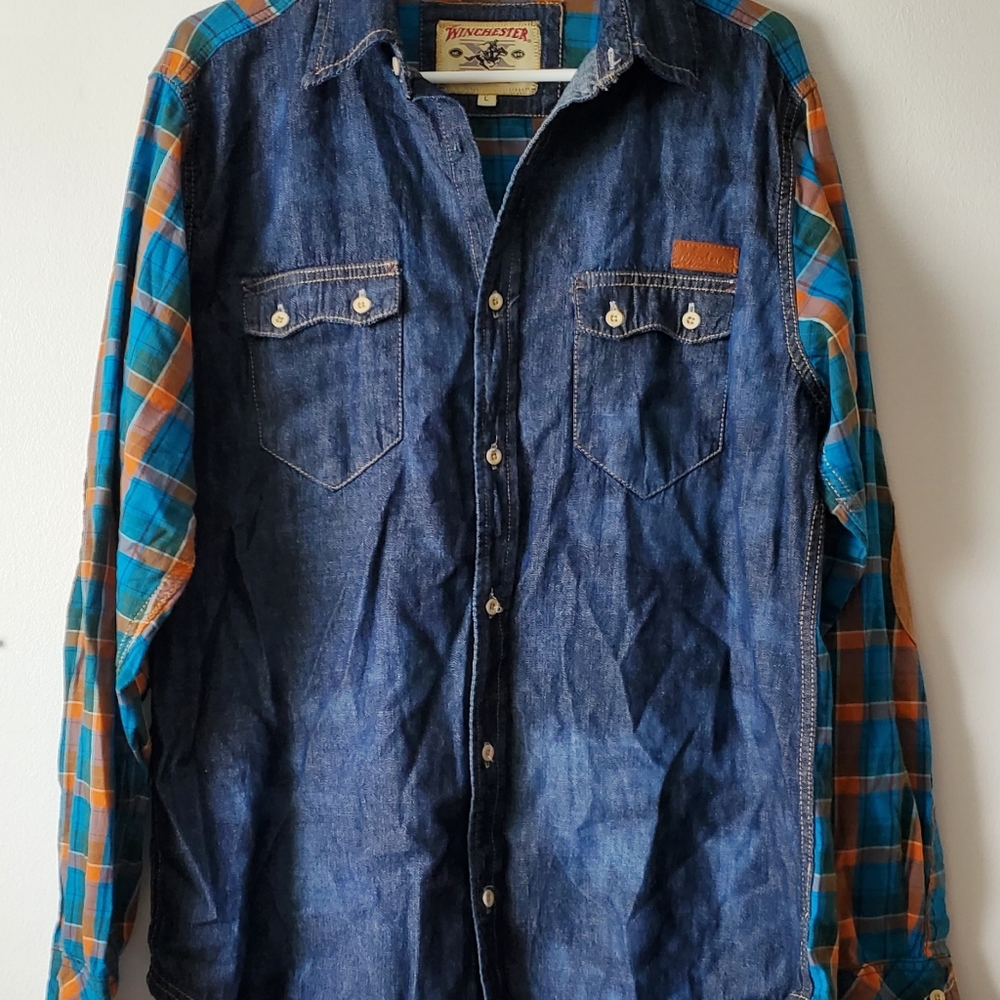 Mens Winchester Blue Plaid Longsleeve Shirt Size L